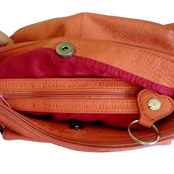 Stone Mountain Purse Coral/Orange Leather Shoulder Bag Adjustable Strap - Med - Picture 12 of 16